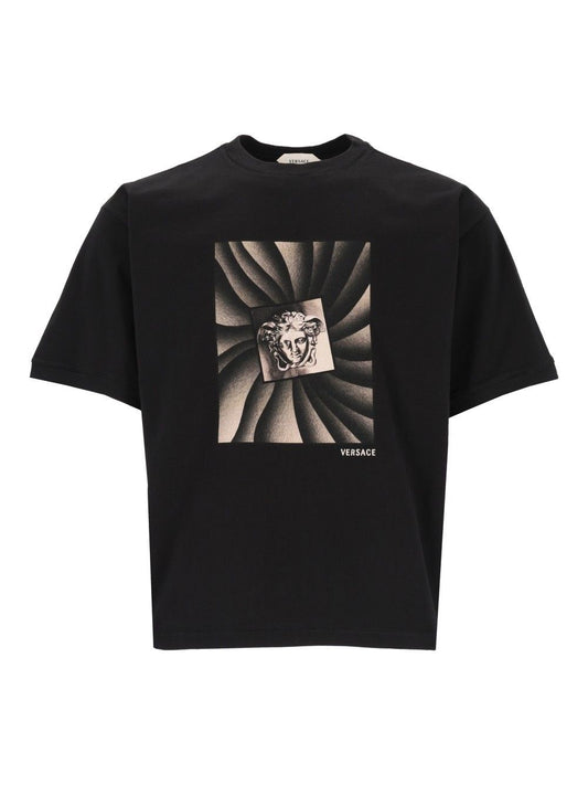 Versace Regular Fit Cotton Jersey T-Shirt With Print - Black