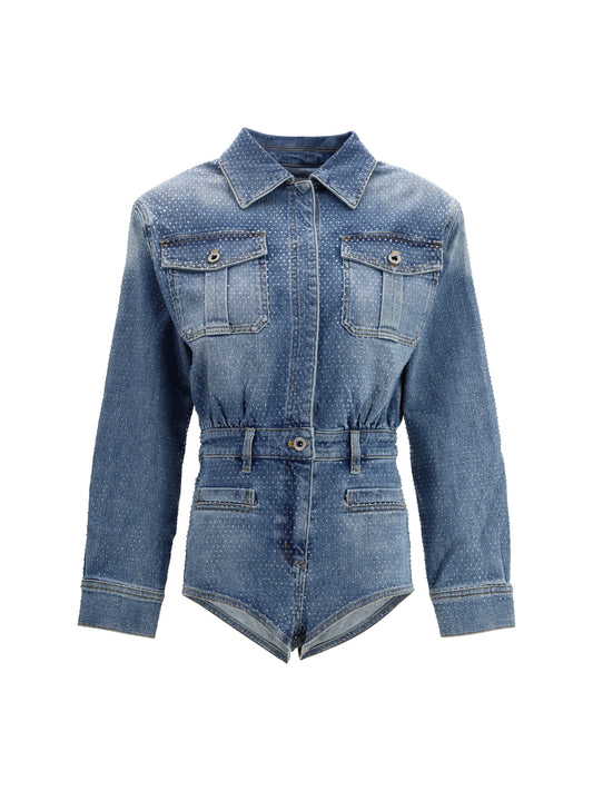 SELF-PORTRAIT Rhinestone denim Playsuit