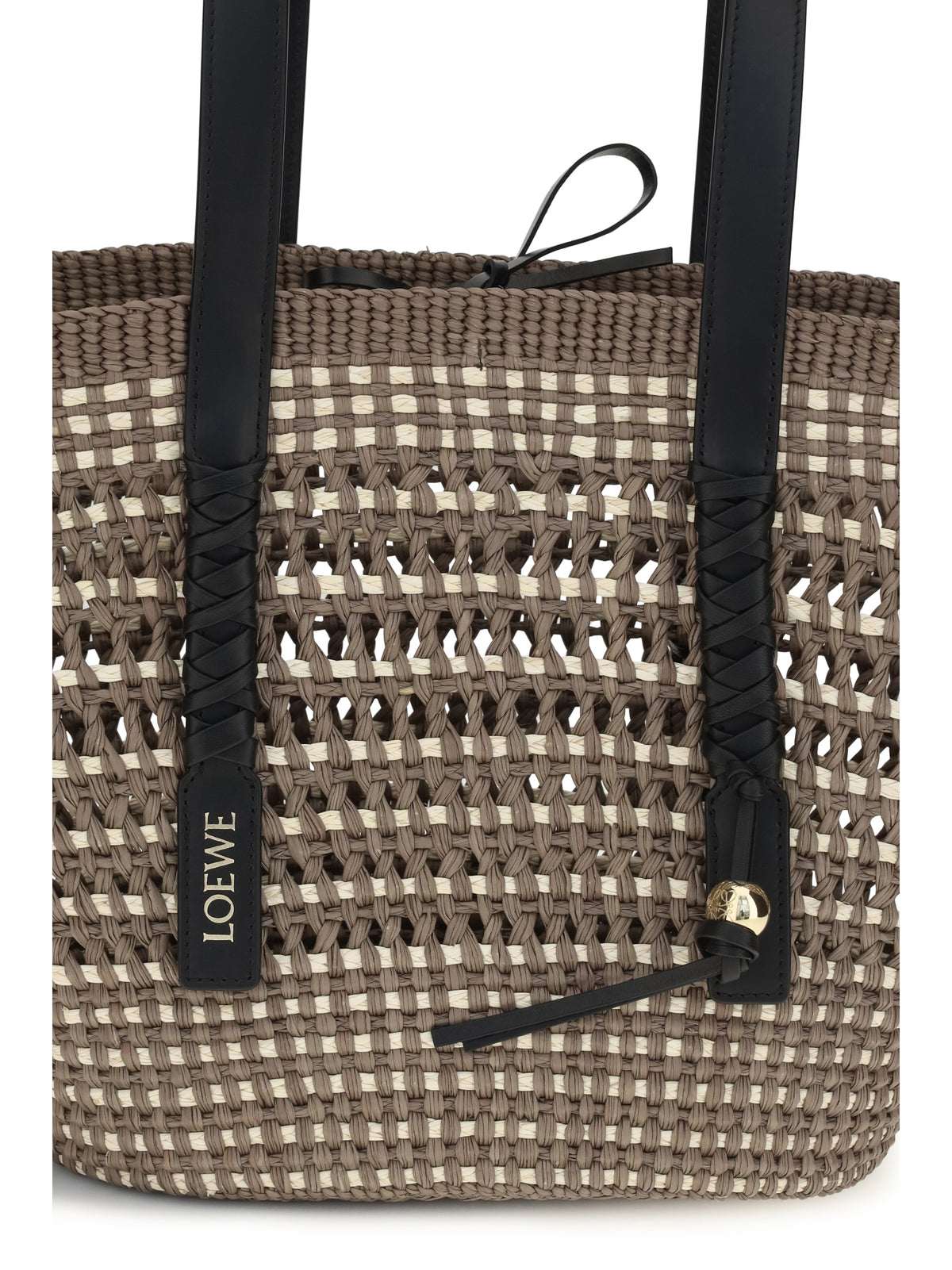 Loewe Medium Braid Basket Shoulder Bag in Iraca palm and calfskin - Khaki/Natural