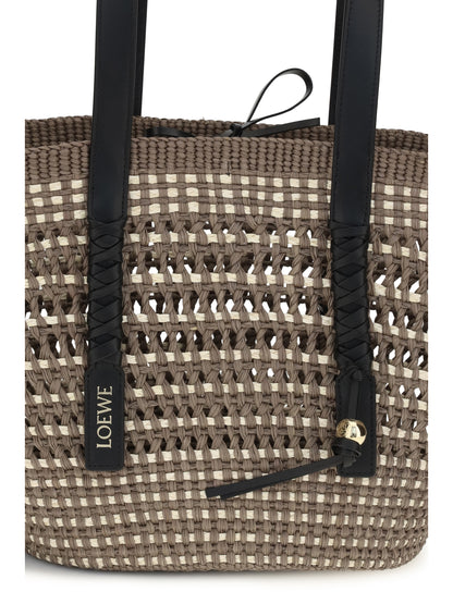 Loewe Medium Braid Basket Shoulder Bag in Iraca palm and calfskin - Khaki/Natural