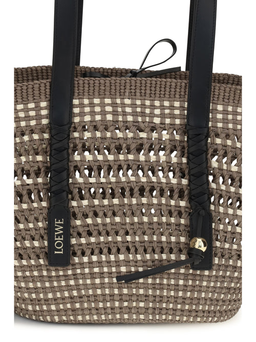 Loewe Medium Braid Basket Shoulder Bag in Iraca palm and calfskin - Khaki/Natural