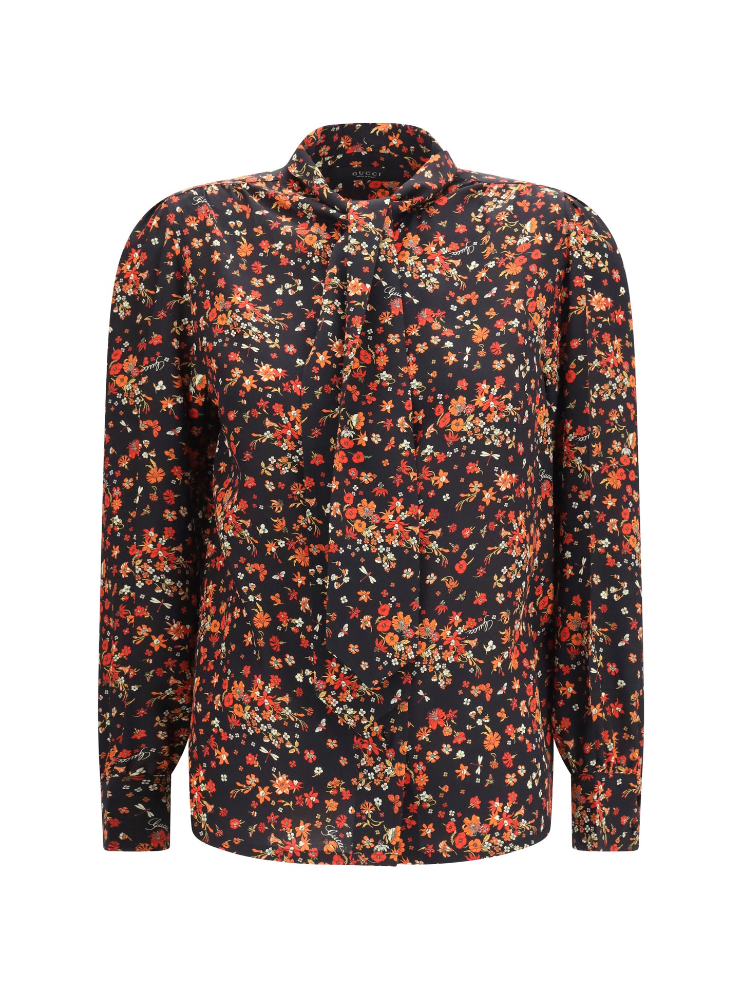 GUCCI Silk Flora print Shirt with neck bow