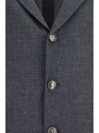 Brunello Cucinelli Deconstructed Jacket in flame-textured wool, silk, and linen - Dark Grey