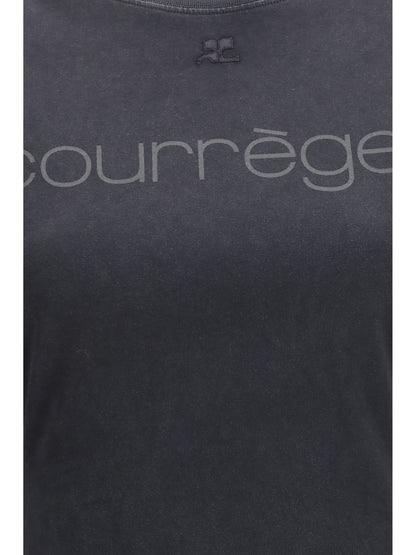 Courrèges Logo print double sleeves T-shirt - Stonewashed Grey/Black