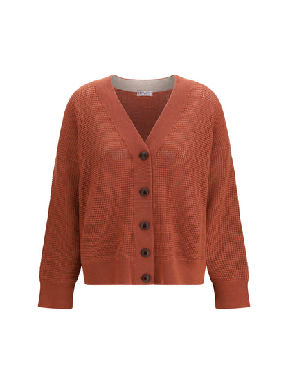 Brunello Cucinelli Cardigan in cashmere with V-neck - Orange Flame+Oyster