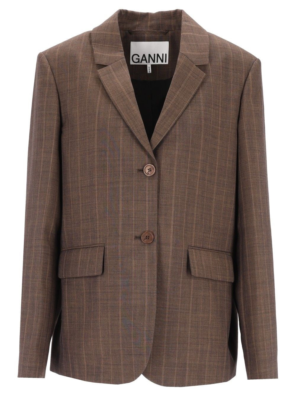 Ganni Brown Pinstriped Wool Blazer
