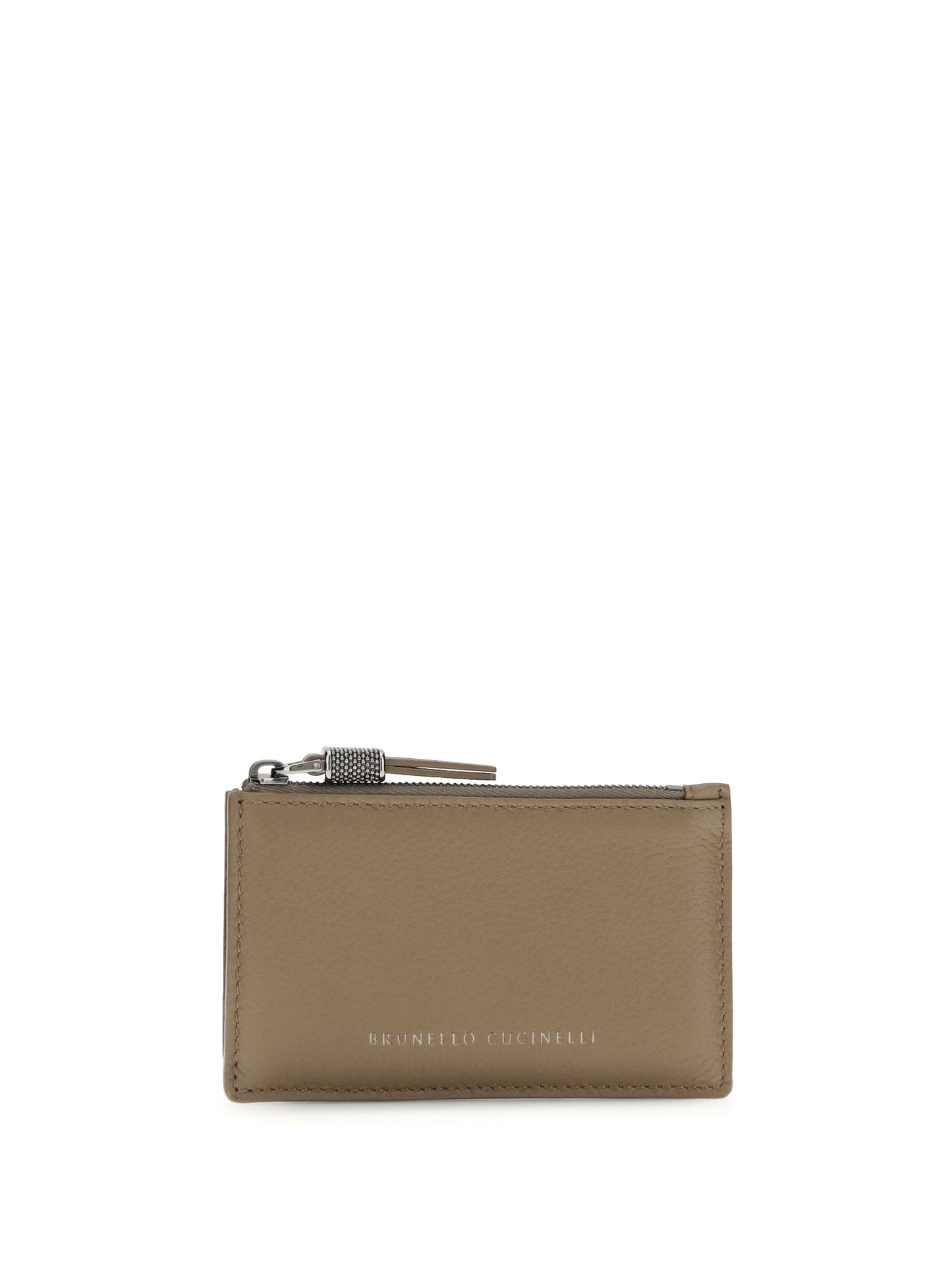 BRUNELLO CUCINELLI Leather Card Holder with grain and Shiny Zipper Pull