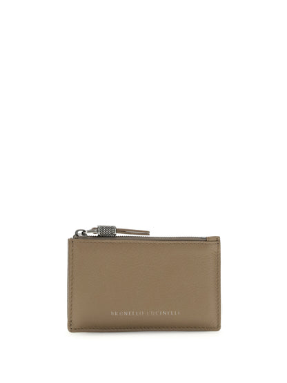 BRUNELLO CUCINELLI Leather Card Holder with grain and Shiny Zipper Pull