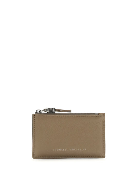 BRUNELLO CUCINELLI Leather Card Holder with grain and Shiny Zipper Pull