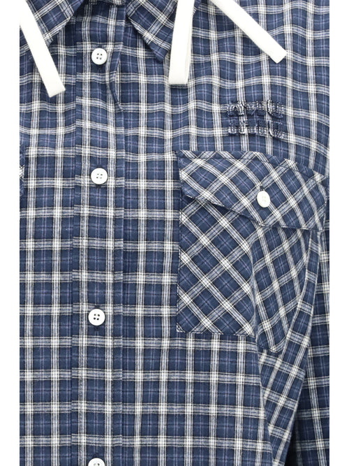Miu Miu Checked Hooded Shirt - Blu+Bianco