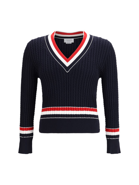 THOM BROWNE Intarsia cable-knit V-neck Sweater