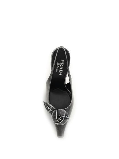 Prada Floral-detail leather Slingback Pumps - Bianco+Nero
