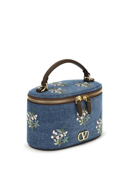 VALENTINO GARAVANI VLogo Signature Denim Vanity Hand Bag with floral embroidery