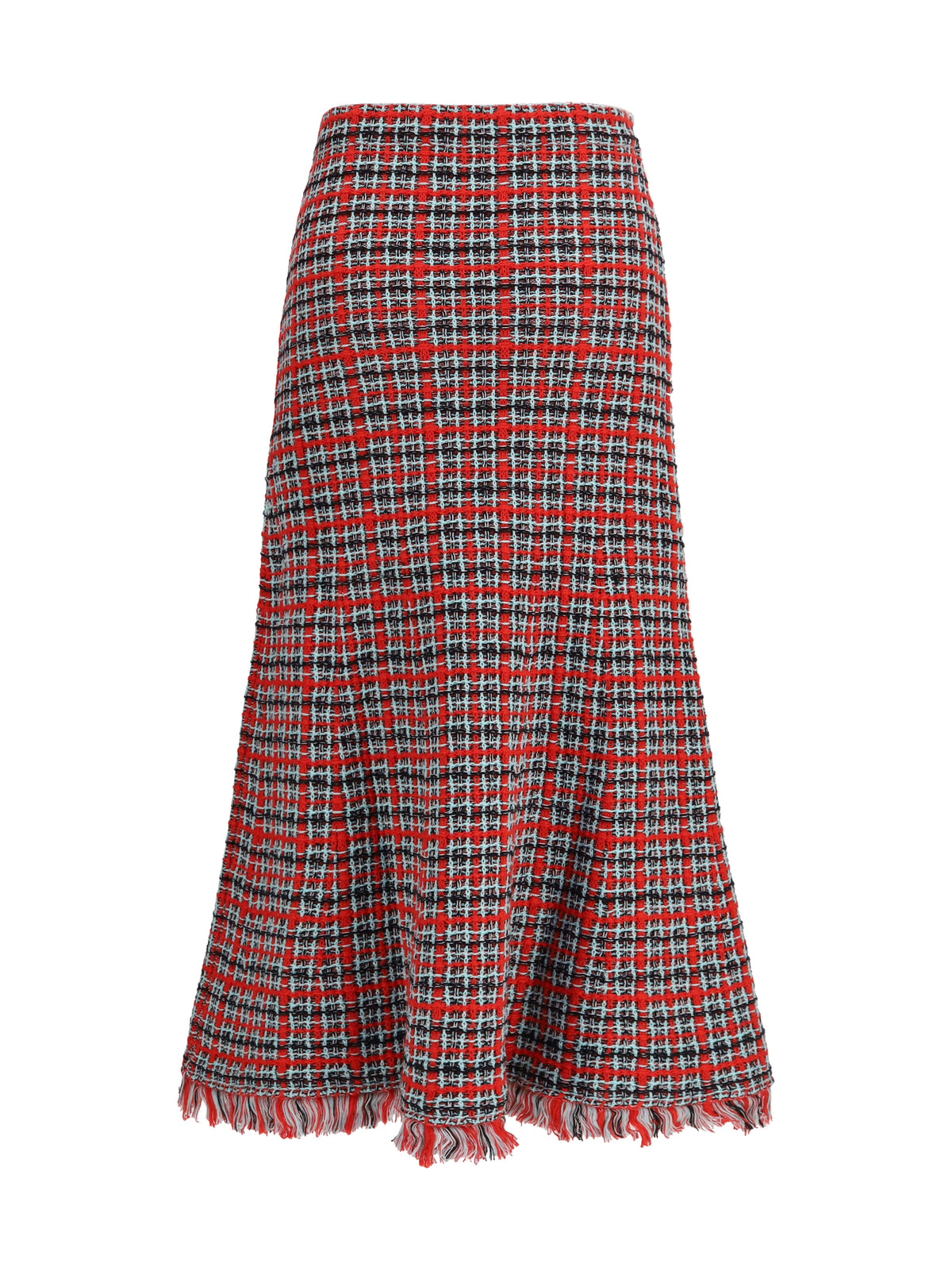 Self-Portrait Check knit midi Skirt with frayed edges - Red