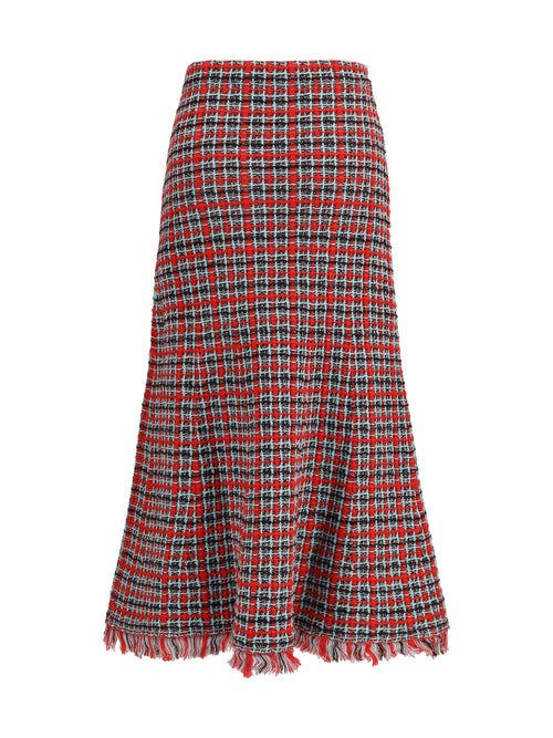 Self-Portrait Check knit midi Skirt with frayed edges - Red