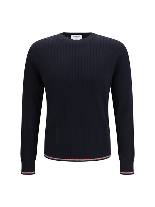 Thom Browne Crewneck cotton knit Sweater with 4-bar detail - Navy