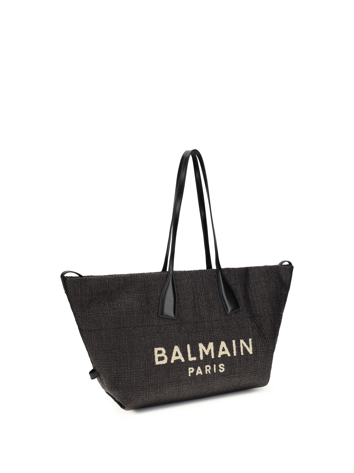 Balmain Track Shoulder Bag in leather and raffia - Noir