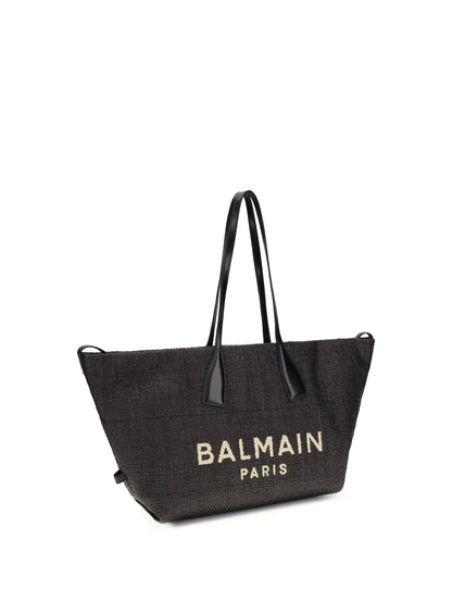 Balmain Track Shoulder Bag in leather and raffia - Noir