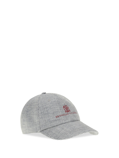 Brunello Cucinelli Alpaca, wool and silk chevron Baseball Hat with logo - Ceruleo+Rosso