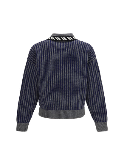 Versace Intarsia wool knit zip Cardigan - Grey Melange Navy Blue