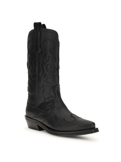 Ganni Embroidered Western Boots - Black/Black