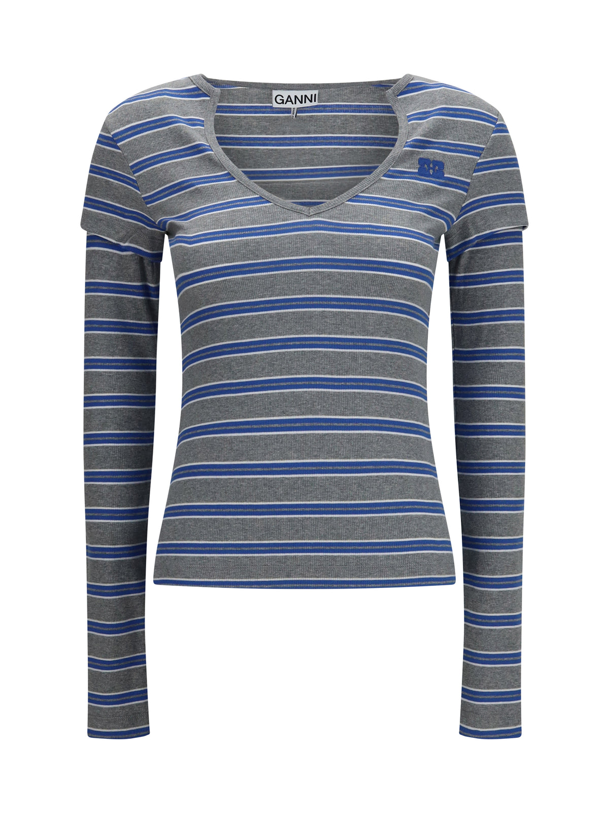 Ganni Ribbed V-neck long-sleeve T-shirt - Strong Blue