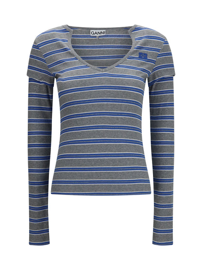 Ganni Ribbed V-neck long-sleeve T-shirt - Strong Blue