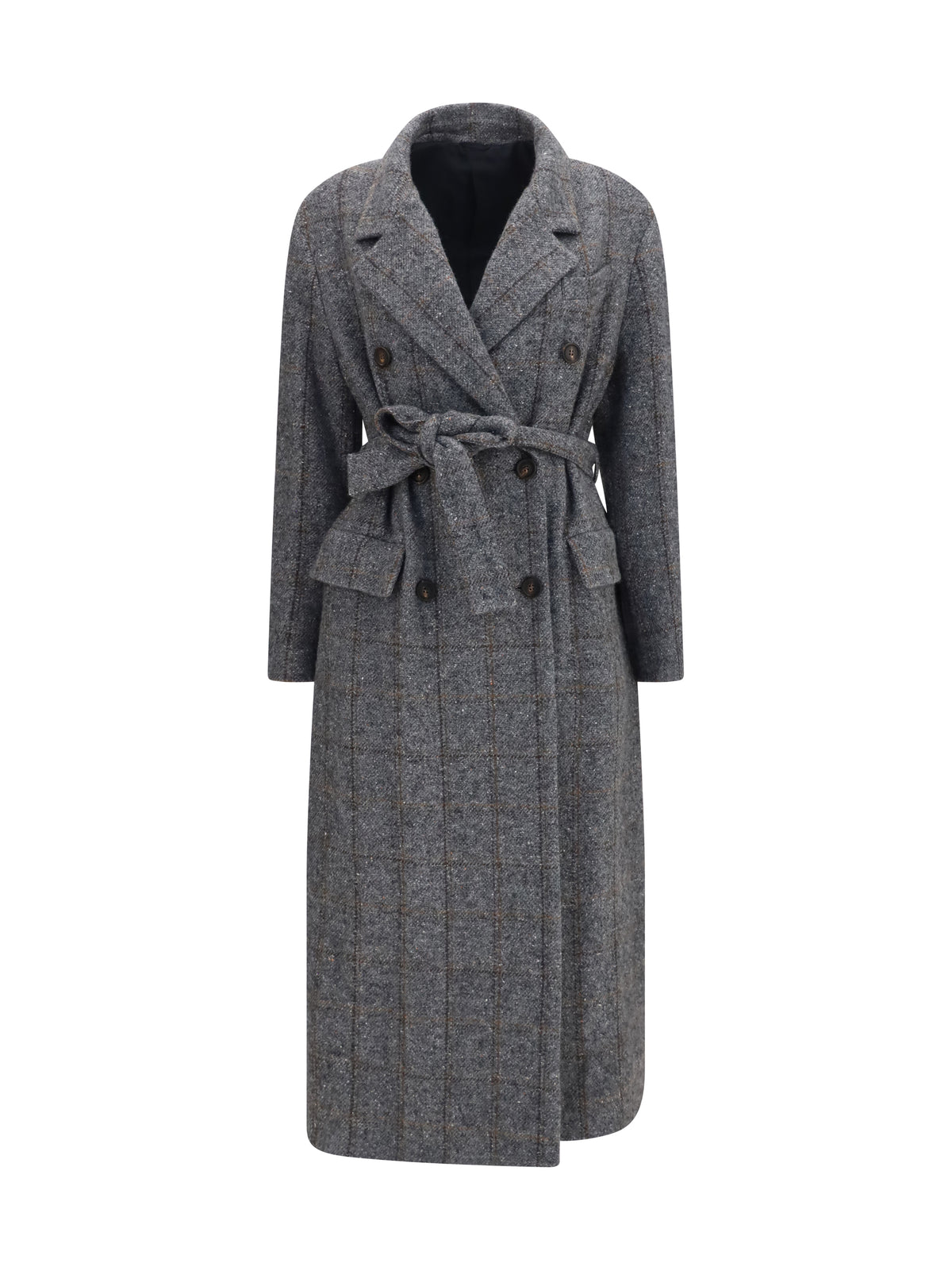 Brunello Cucinelli Long alpaca-blend Coat with belt - Grey/Black/Tobacco