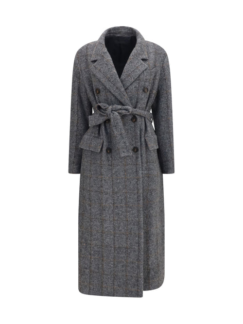 Brunello Cucinelli Long alpaca-blend Coat with belt - Grey/Black/Tobacco