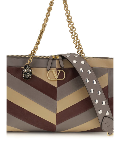 Valentino Medium Panthea Chevron nappa Shoulder Bag - Ruby/Warm Grey/Beige Duna