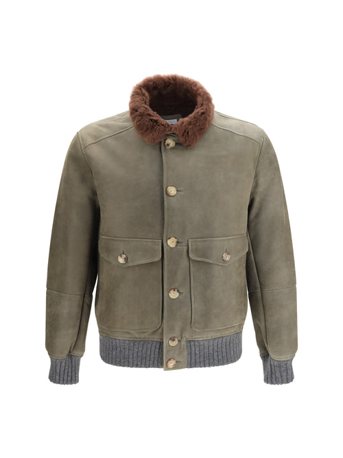 Brunello Cucinelli Waxed shearling Jacket with shearling collar - Militare+Piombo