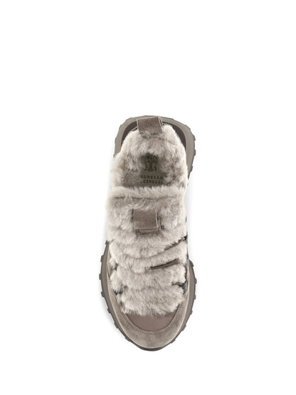 Brunello Cucinelli Suede and tech cotton Sneakers with shearling lining and monili detail - Taiga