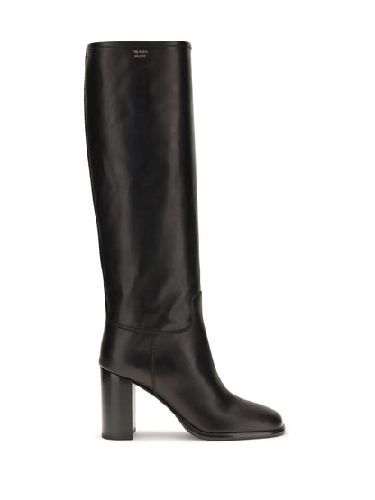 Prada High leather Boots with screen-printed Logo - Black