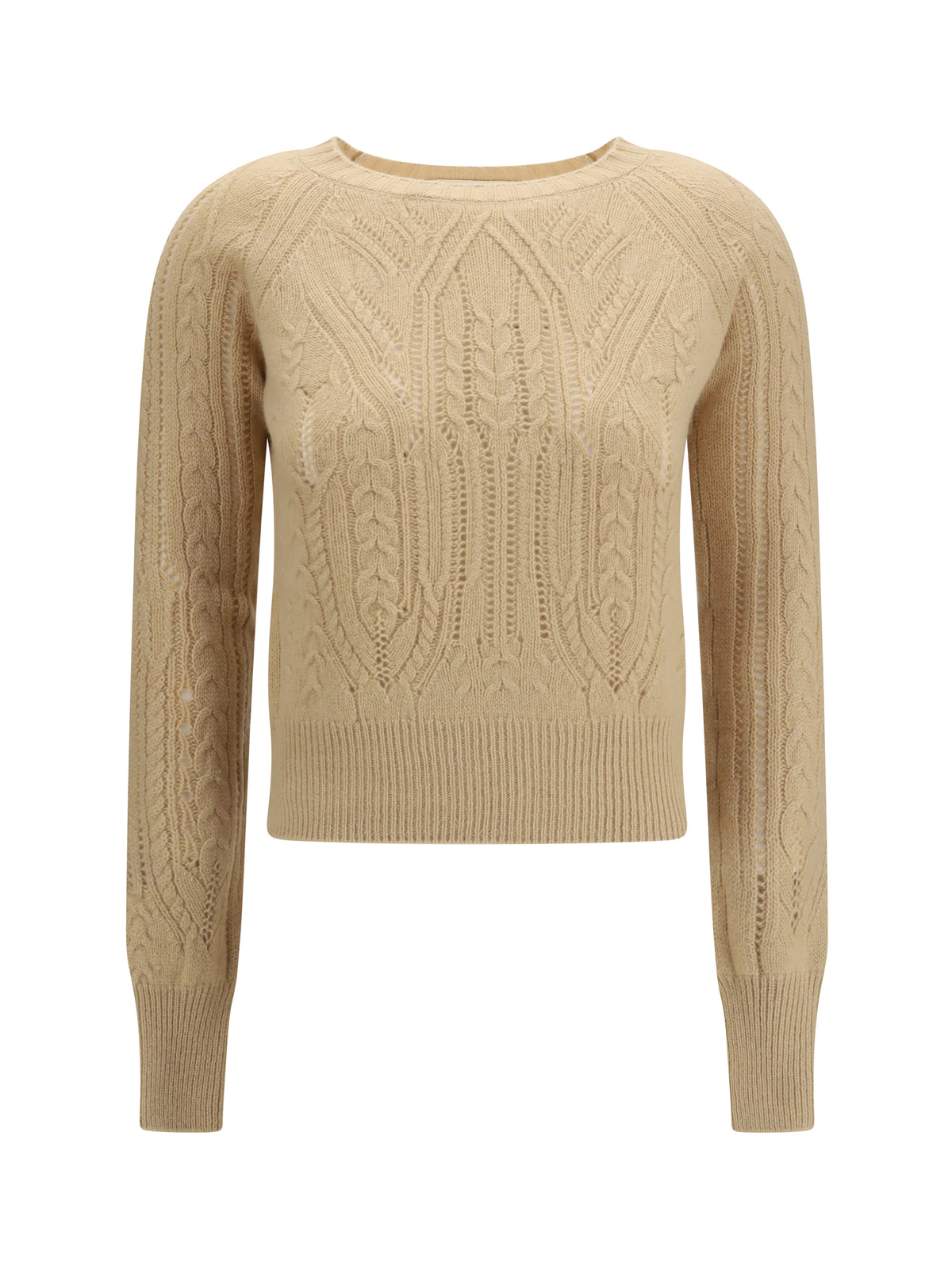 Ermanno Scervino Long sleeve cable knit and openwork cashmere Sweater - Melange Beige