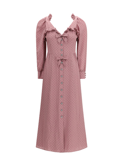 Alessandra Rich Polka Dot Midi Dress with Ruffles - Mauve-Mauve