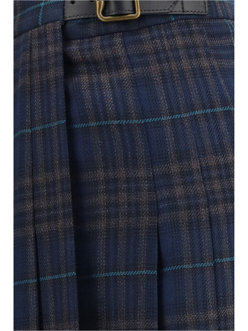Burberry Pleated check wool-blend Skirt - Dark Clay Blue Check