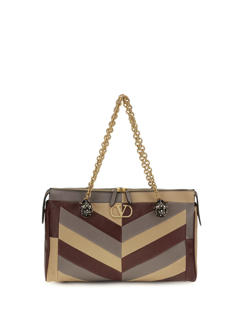 Valentino Medium Panthea Chevron nappa Shoulder Bag - Ruby/Warm Grey/Beige Duna