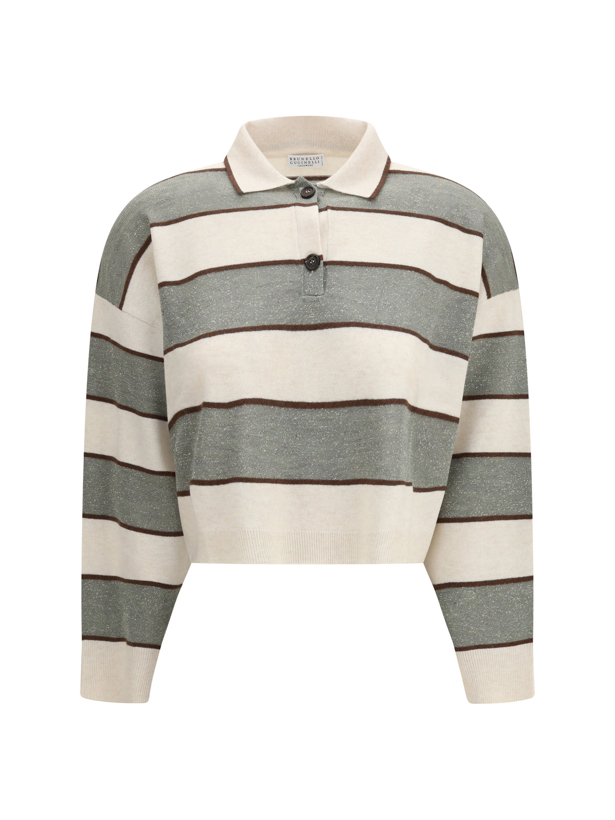Brunello Cucinelli Polo Crop in Sparkling Stripes knit - White Beige+Visone+Militare