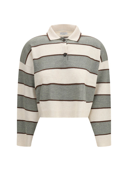 Brunello Cucinelli Polo Crop in Sparkling Stripes knit - White Beige+Visone+Militare