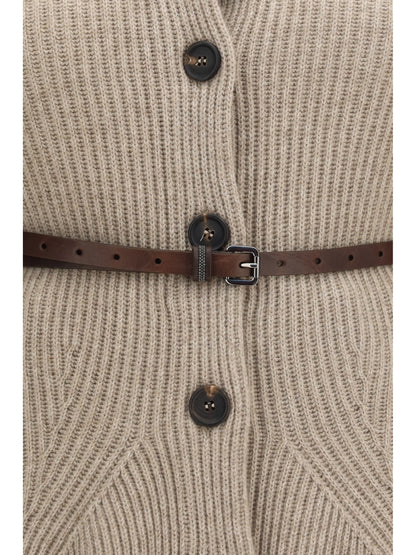 Brunello Cucinelli High neck Cardigan with belt - Brown