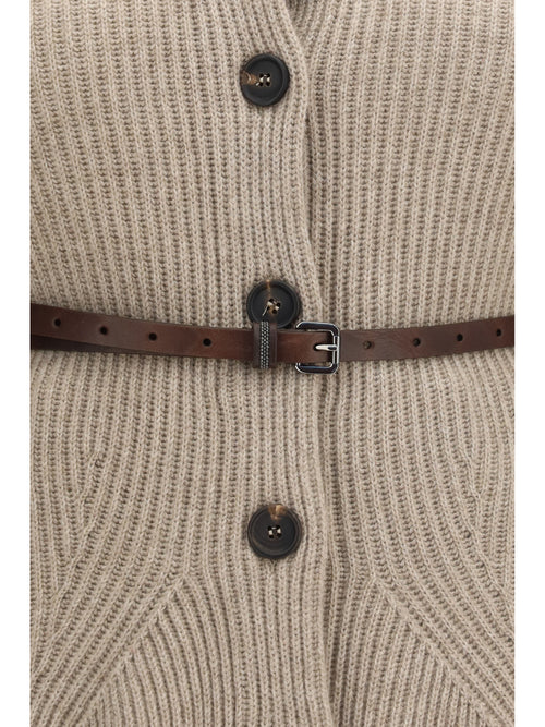 Brunello Cucinelli High neck Cardigan with belt - Brown