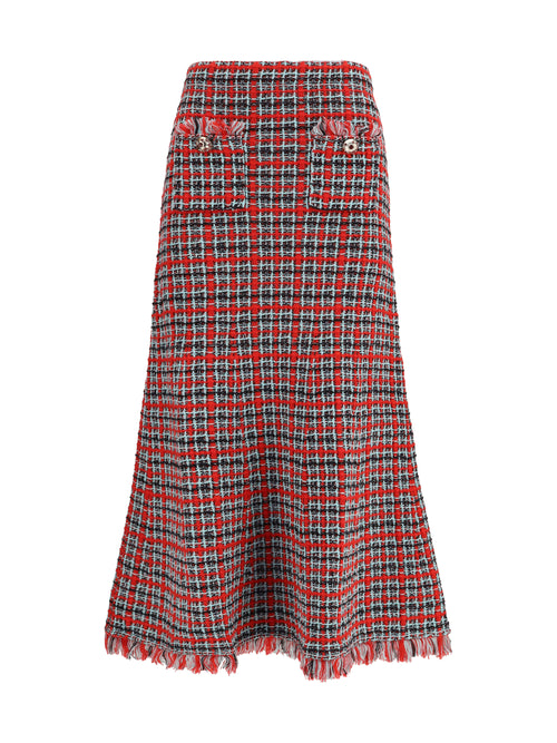 Self-Portrait Check knit midi Skirt with frayed edges - Red