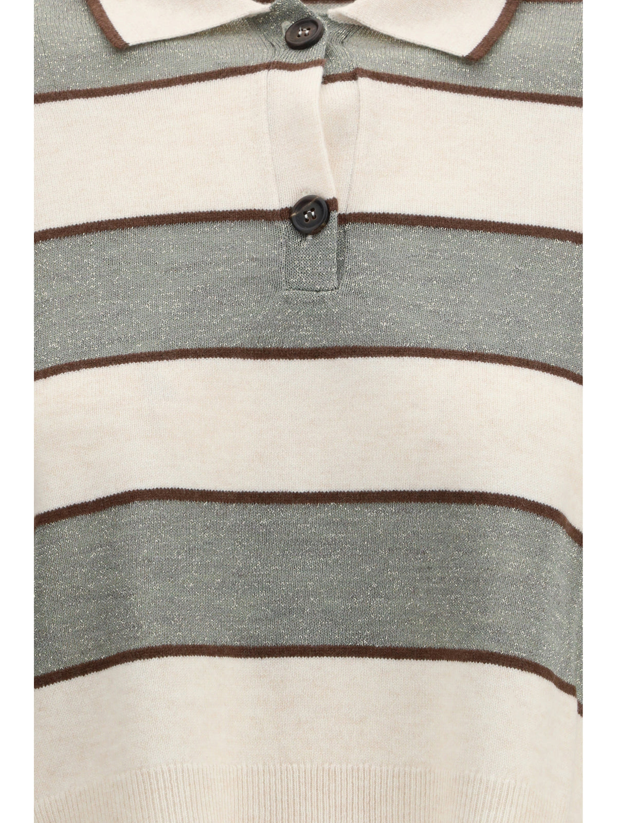 Brunello Cucinelli Polo Crop in Sparkling Stripes knit - White Beige+Visone+Militare