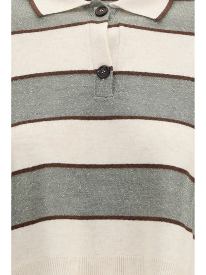 Brunello Cucinelli Polo Crop in Sparkling Stripes knit - White Beige+Visone+Militare