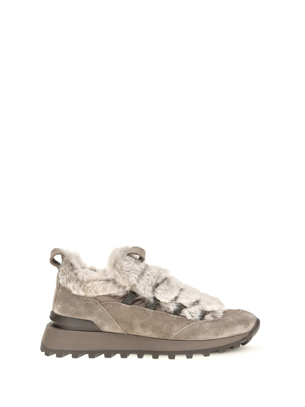 Brunello Cucinelli Suede and tech cotton Sneakers with shearling lining and monili detail - Taiga