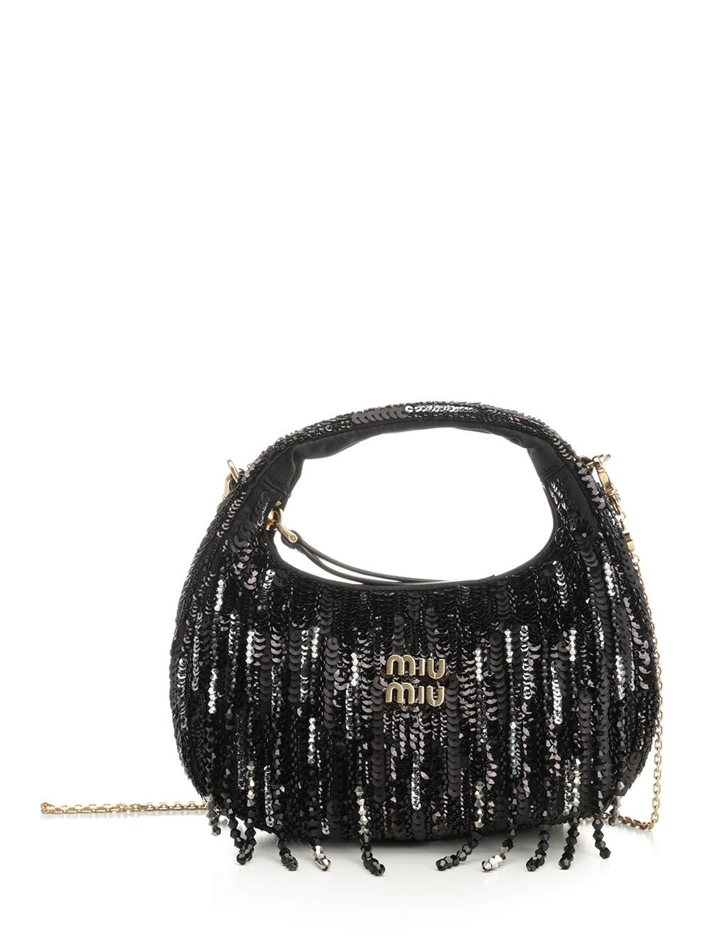 Miu Miu Mini "Wander" Bag In Satin With Crystals And Sequins Fringes - Black