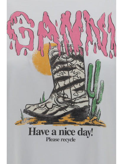 Ganni Western T-shirt with cowboy boots - Bright White