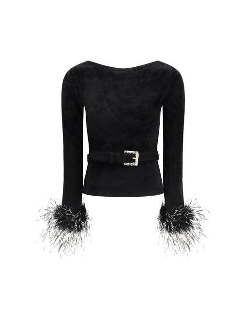 Self-Portrait Feather-trimmed Chenille Knit Top - Black