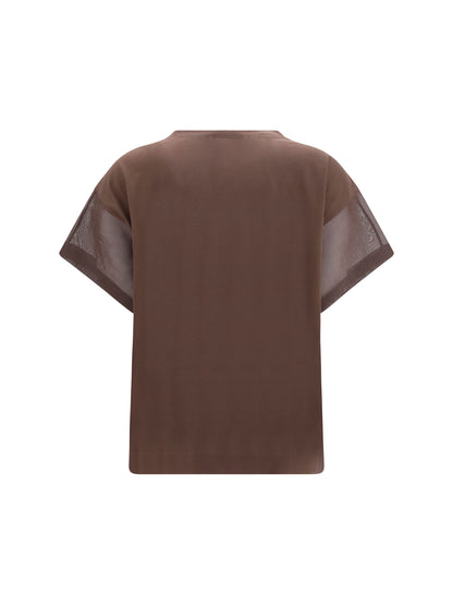 Brunello Cucinelli Cotton T-shirt with sheer sleeves and side panels - Dark Brown