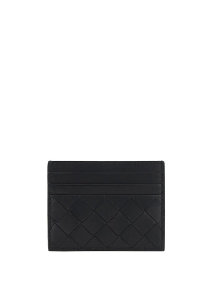 Bottega Veneta Leather Card Holder - Black-Silver